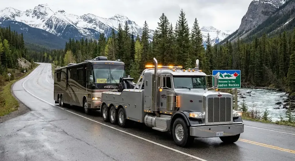 Oshawa heavy-duty tow truck with RV in transport