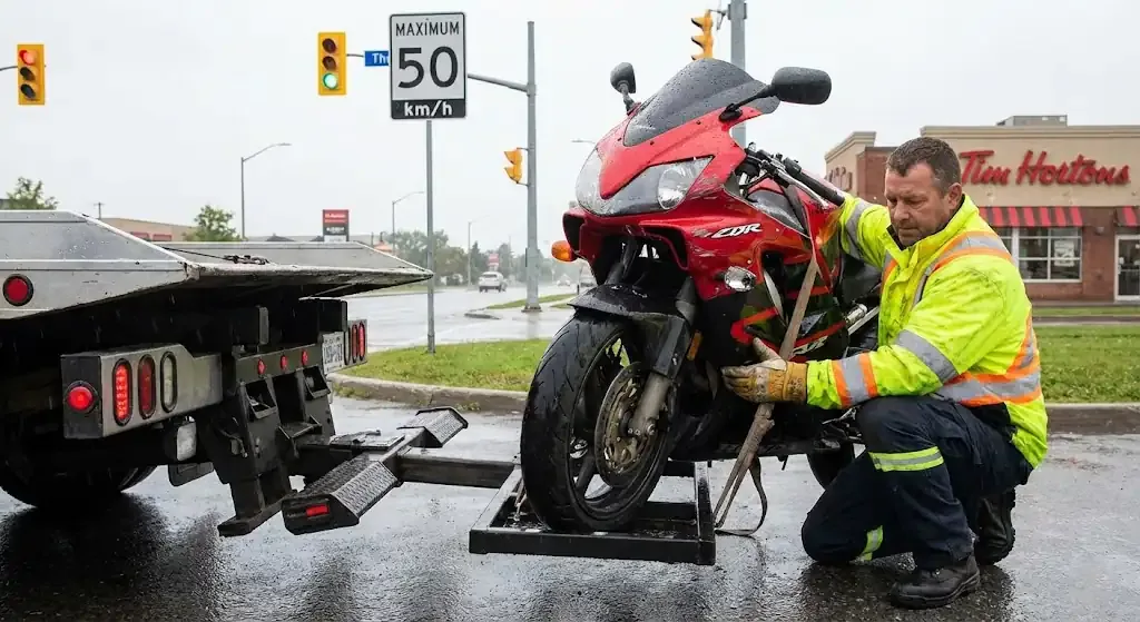 Oshawa motorcycle being safely loaded for transport