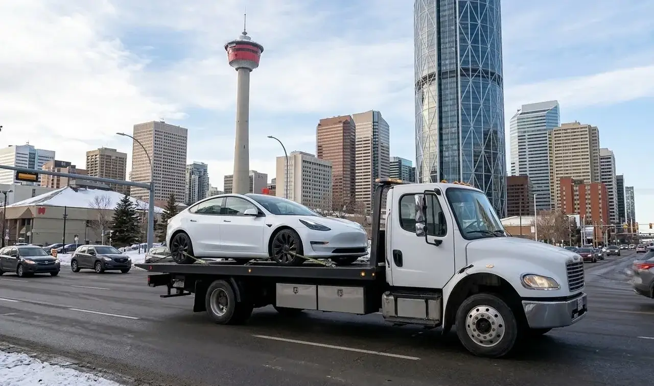 Oshawa electric vehicle on flatbed transport